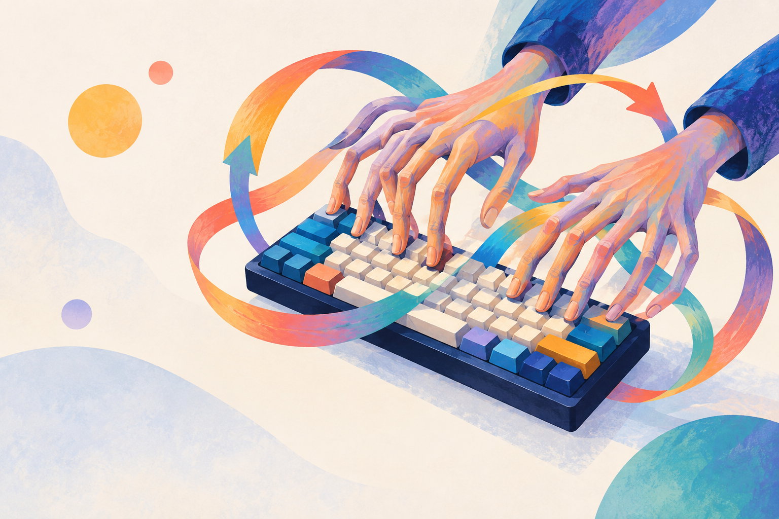 Illustration abstraite d’un clavier mécanique, de mains aux doigts surnuméraires et d’une boucle de feedback - voir la fin de l'article pour l'explication de la blague